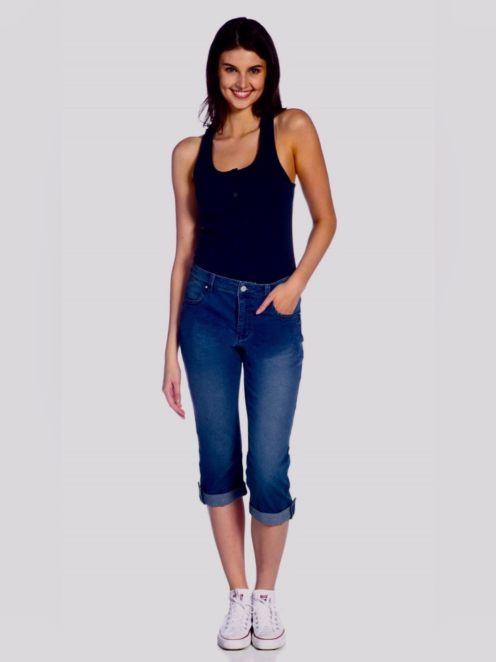 DKR Apparel Stretch Denim Rolled Capri-Dark Wash